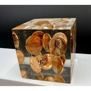 Vintage Lucite Cube Paperweight 1975 Uncirculated Lincoln Pennies Floating Resin